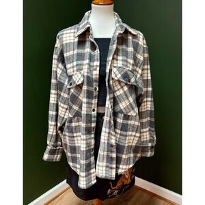 Dizzy Lizzy Oversized Plaid Gray, Brown & White Flannel Shacket Women's XL